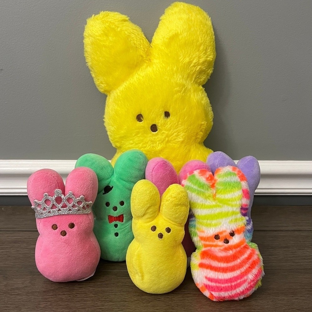 Peeps Bunny Plush Lot 7 Easter Stuffed Animals Yellow Rainbow Pink Green Tiara